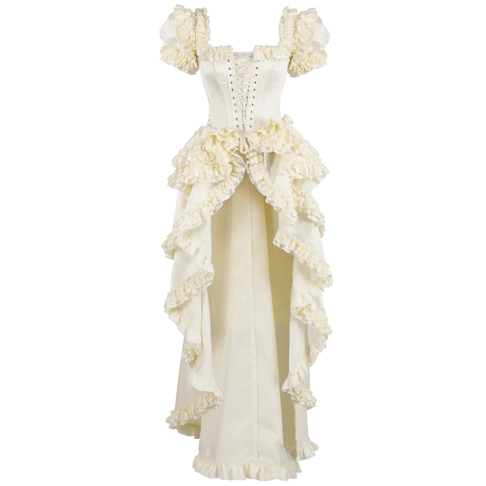 Attitude Corsets - Lanessa Rococo Satin Frill Langes Korsett Kleid - Elfenbeinfarben